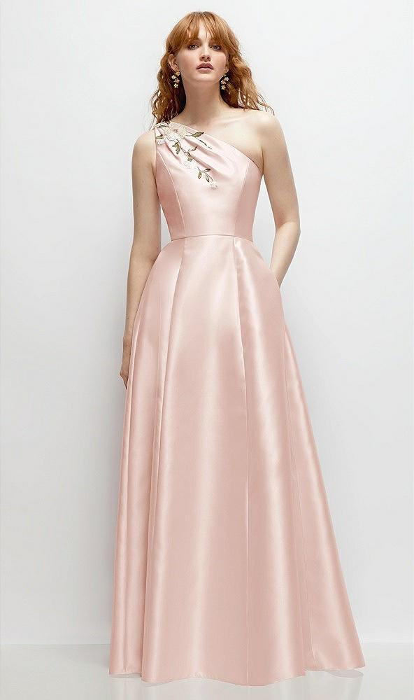 one-shoulder full a-line satin gown with handworked floral appliqué