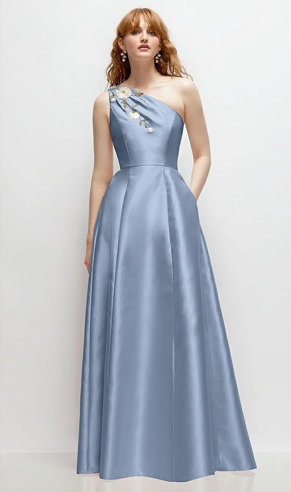 one-shoulder full a-line satin gown with handworked floral appliqué