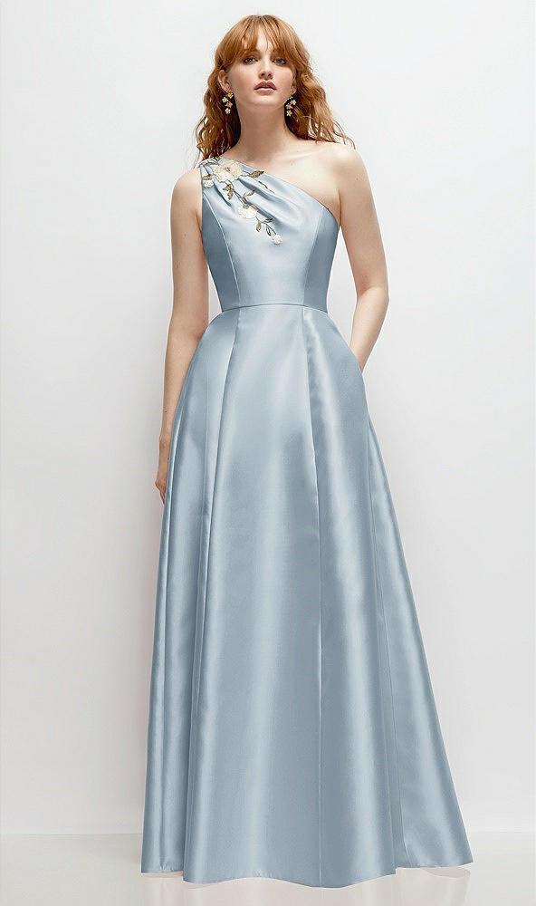 one-shoulder full a-line satin gown with handworked floral appliqué