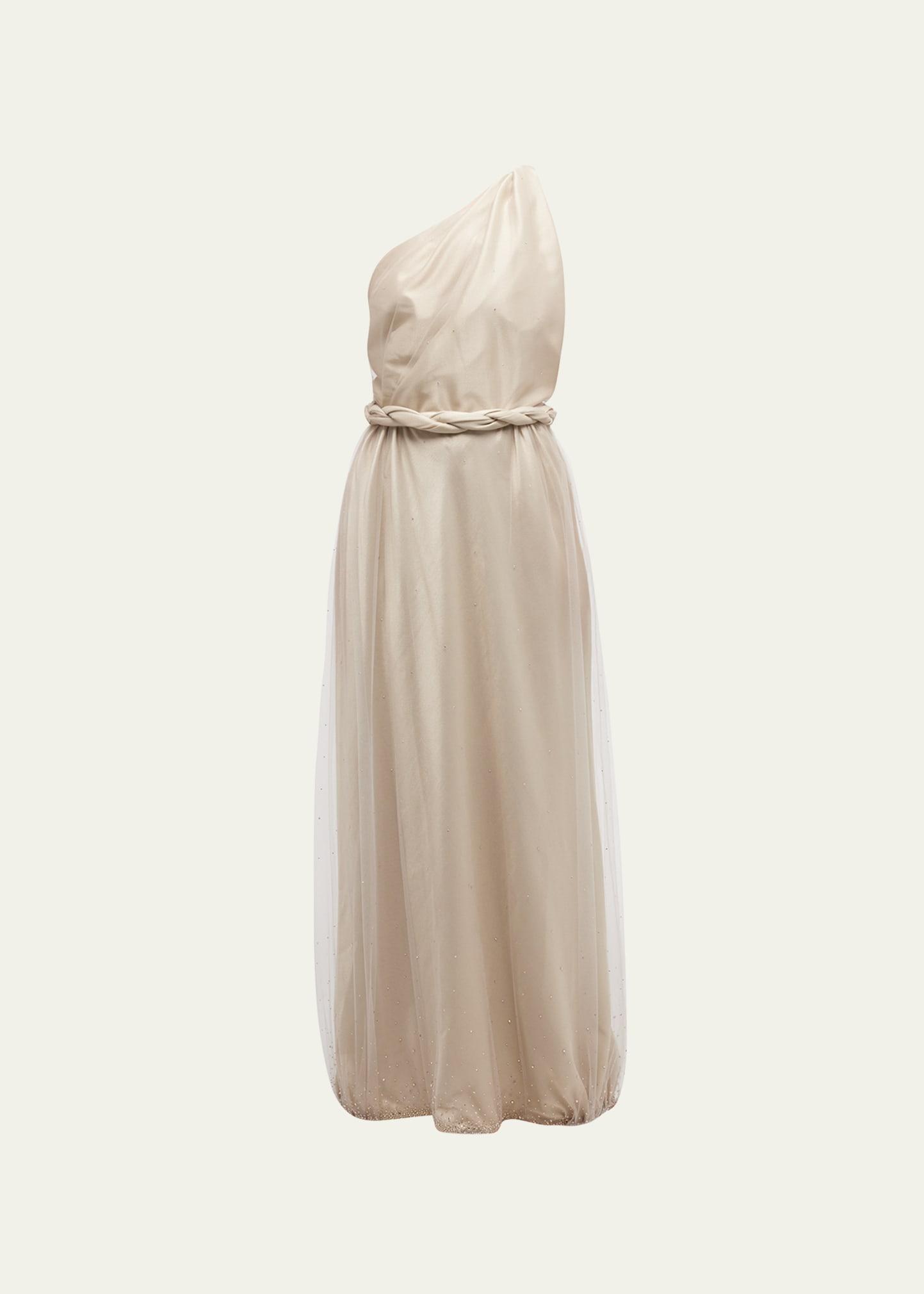 one-shoulder gown with braided detail