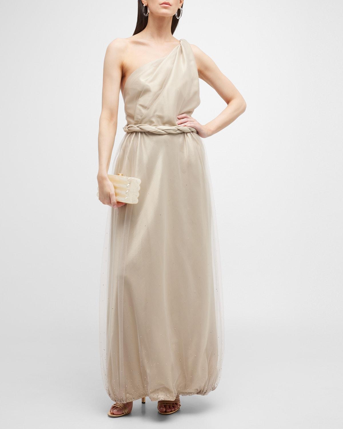 one-shoulder gown with braided detail