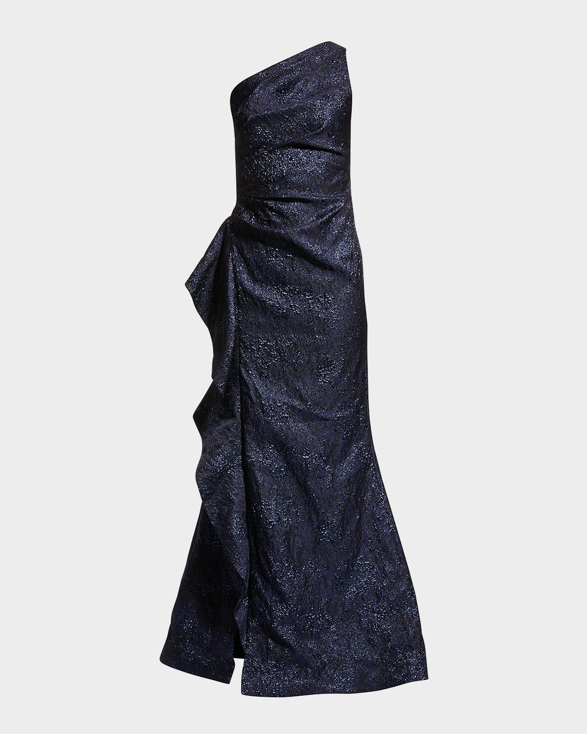 one-shoulder jacquard side-ruffle gown