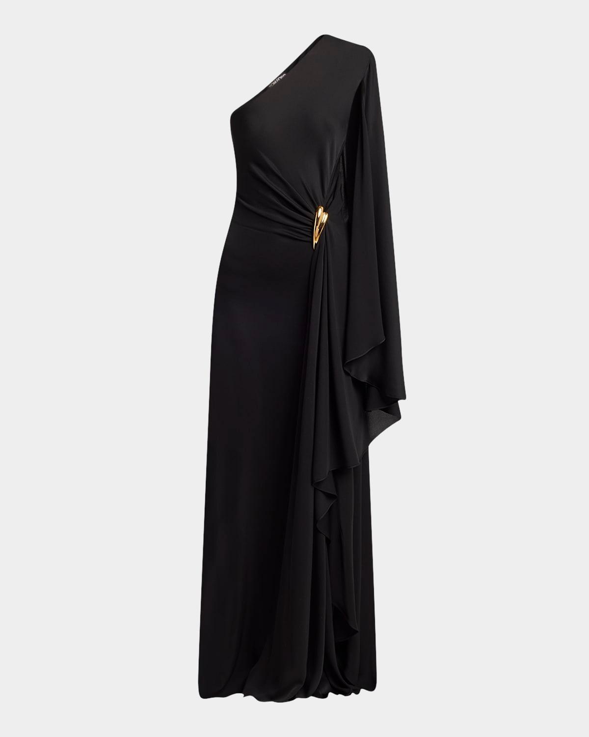 one-shoulder light silk evening gown