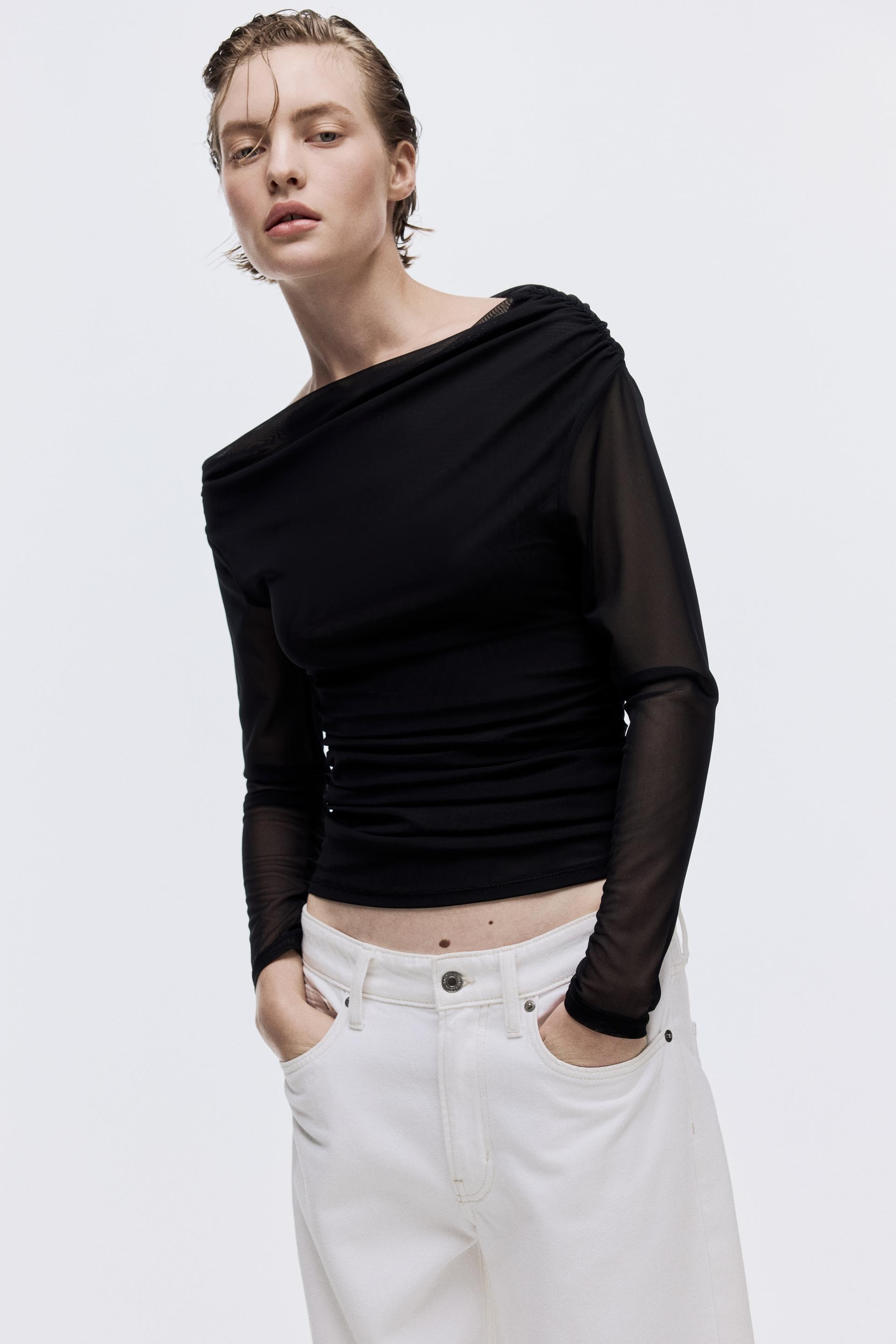 one-shoulder mesh top