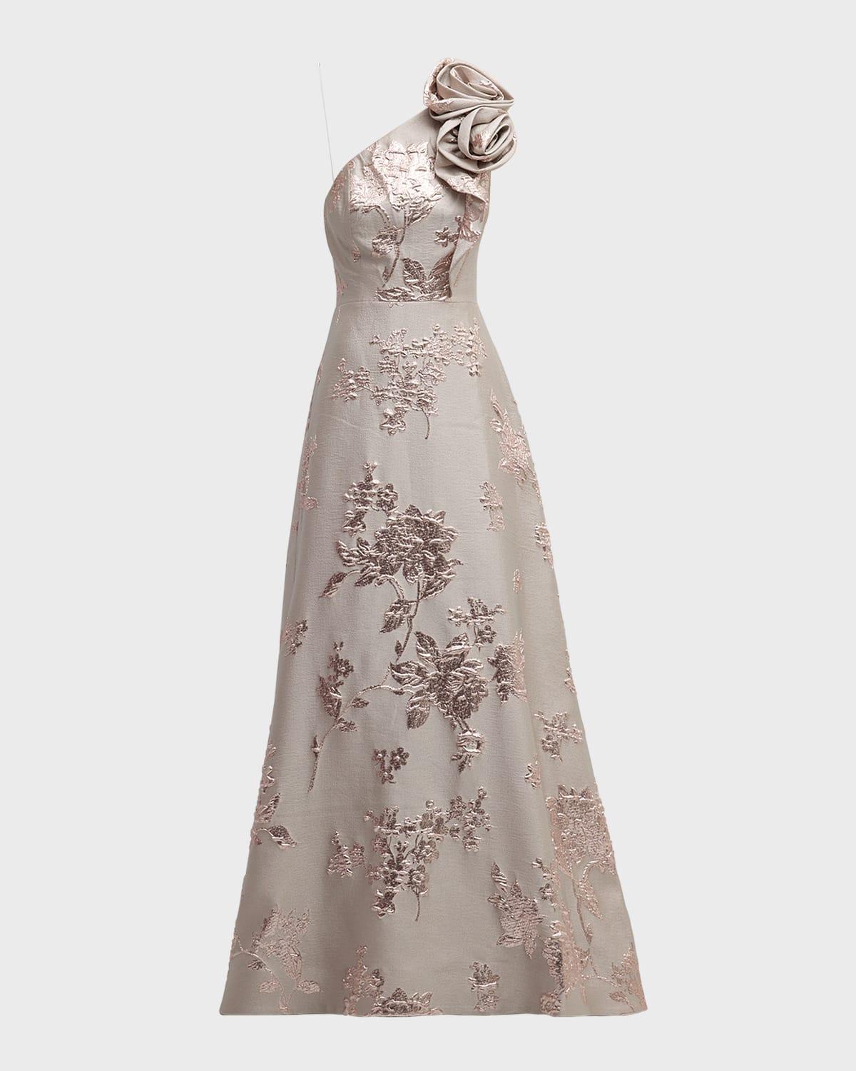 one-shoulder metallic floral jacquard gown
