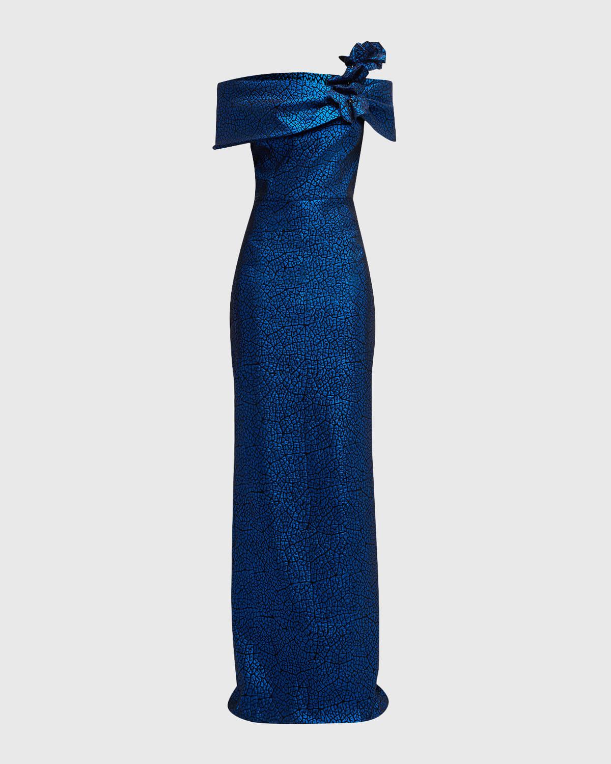 one-shoulder metallic jacquard column gown