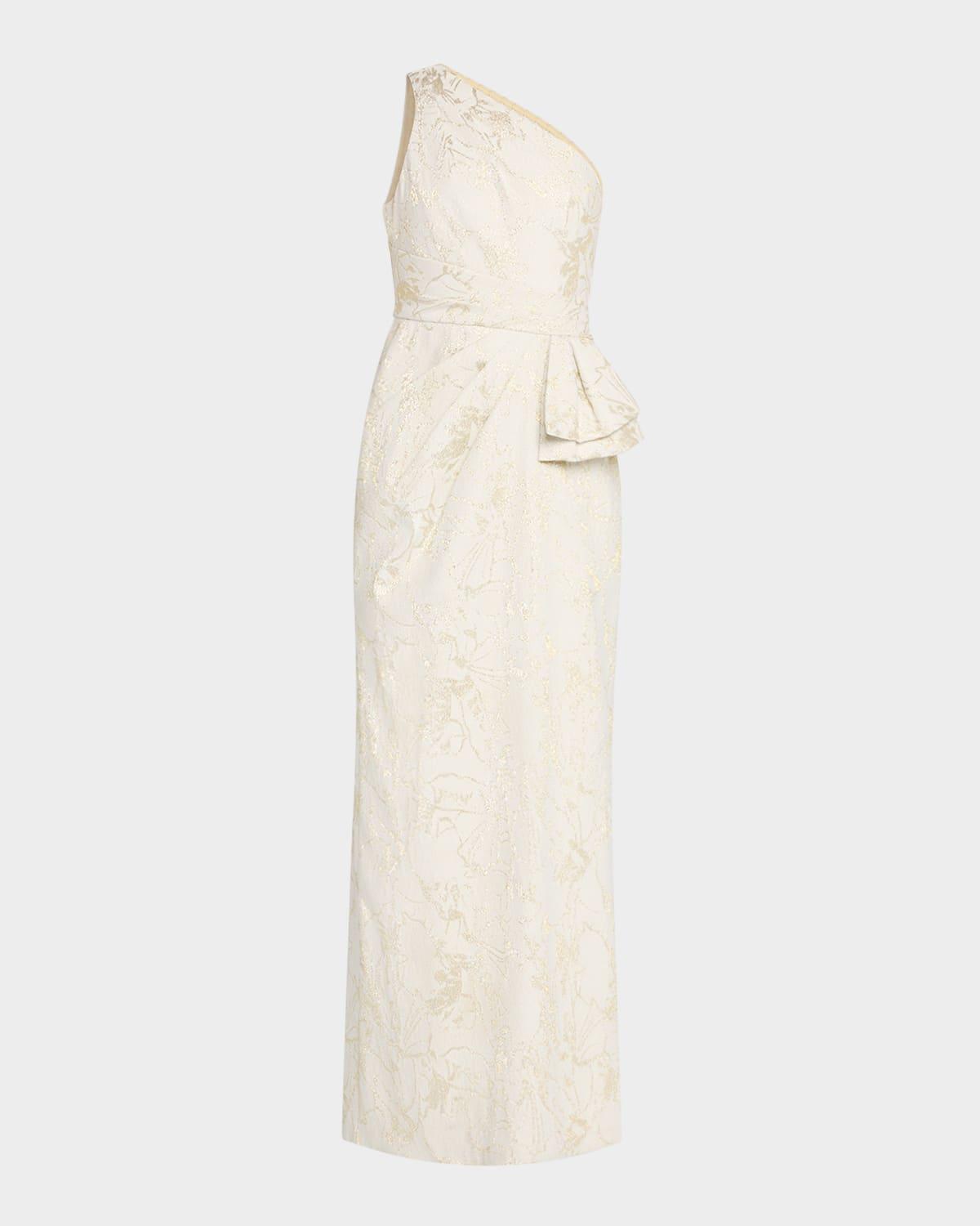 one-shoulder metallic jacquard column gown