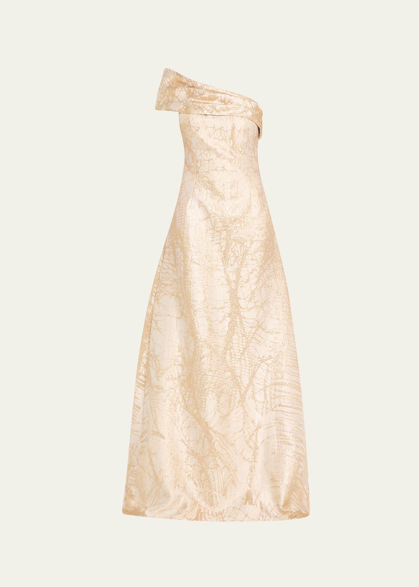 one-shoulder metallic jacquard gown