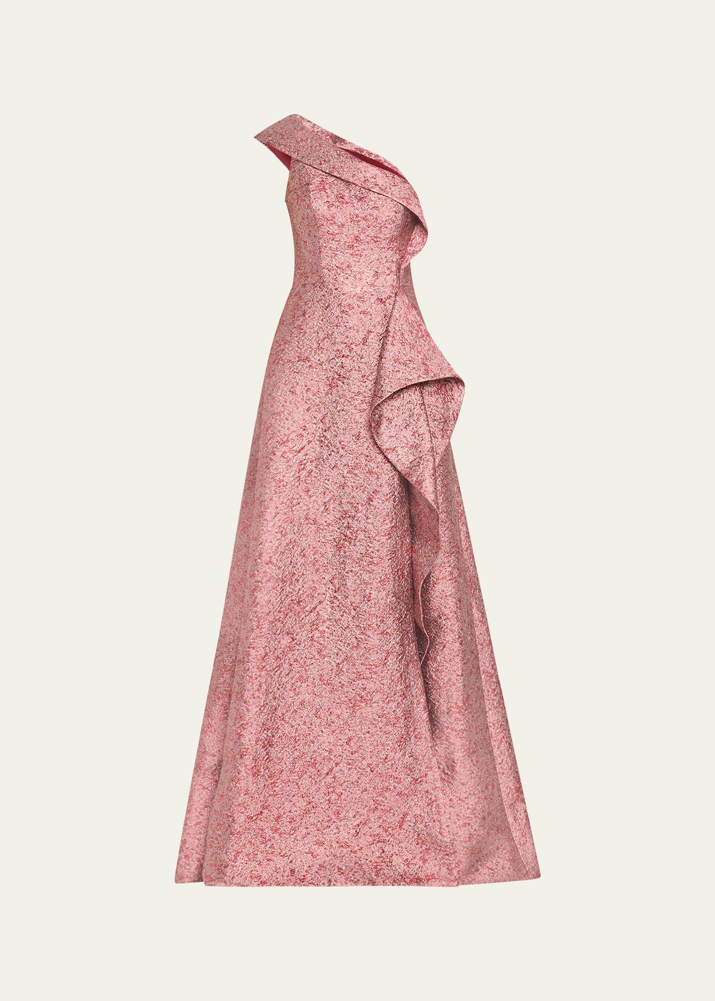 one-shoulder metallic jacquard gown