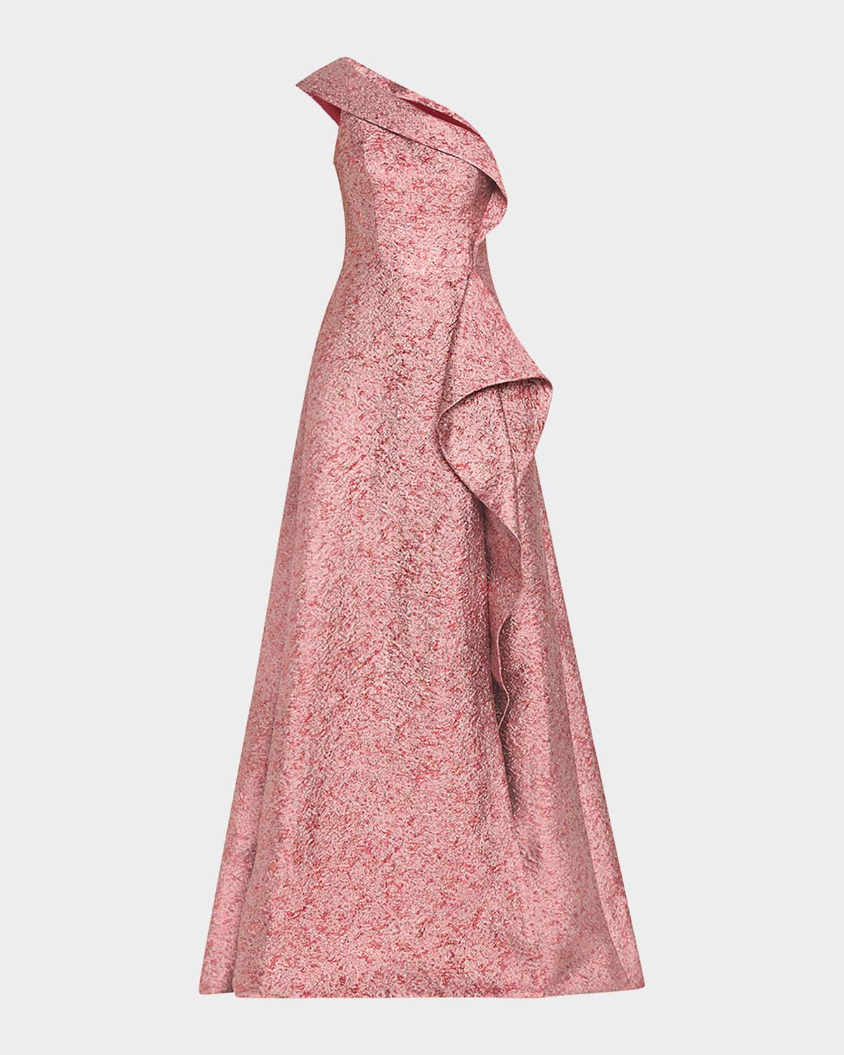 one-shoulder metallic jacquard gown
