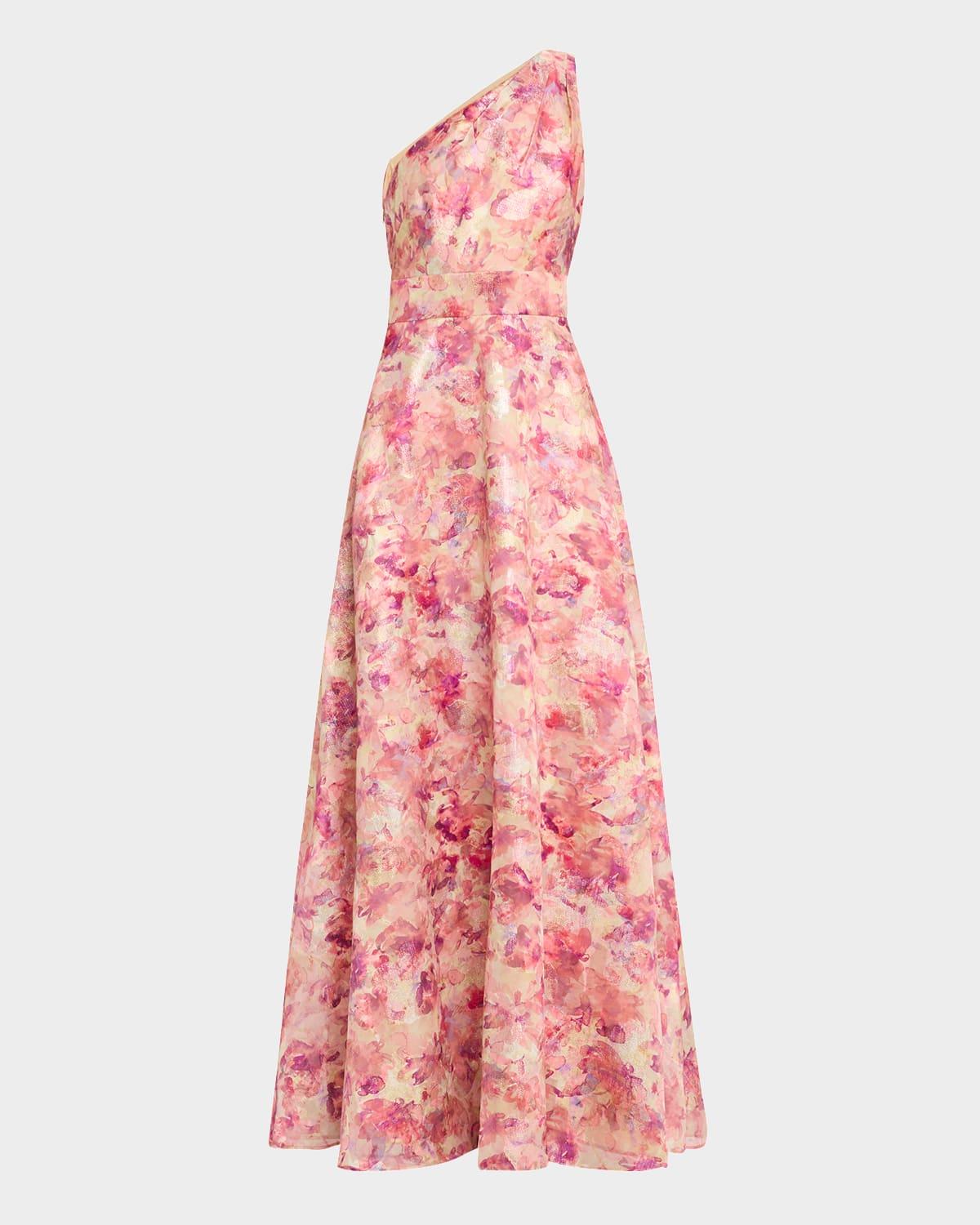 one-shoulder metallic jacquard gown