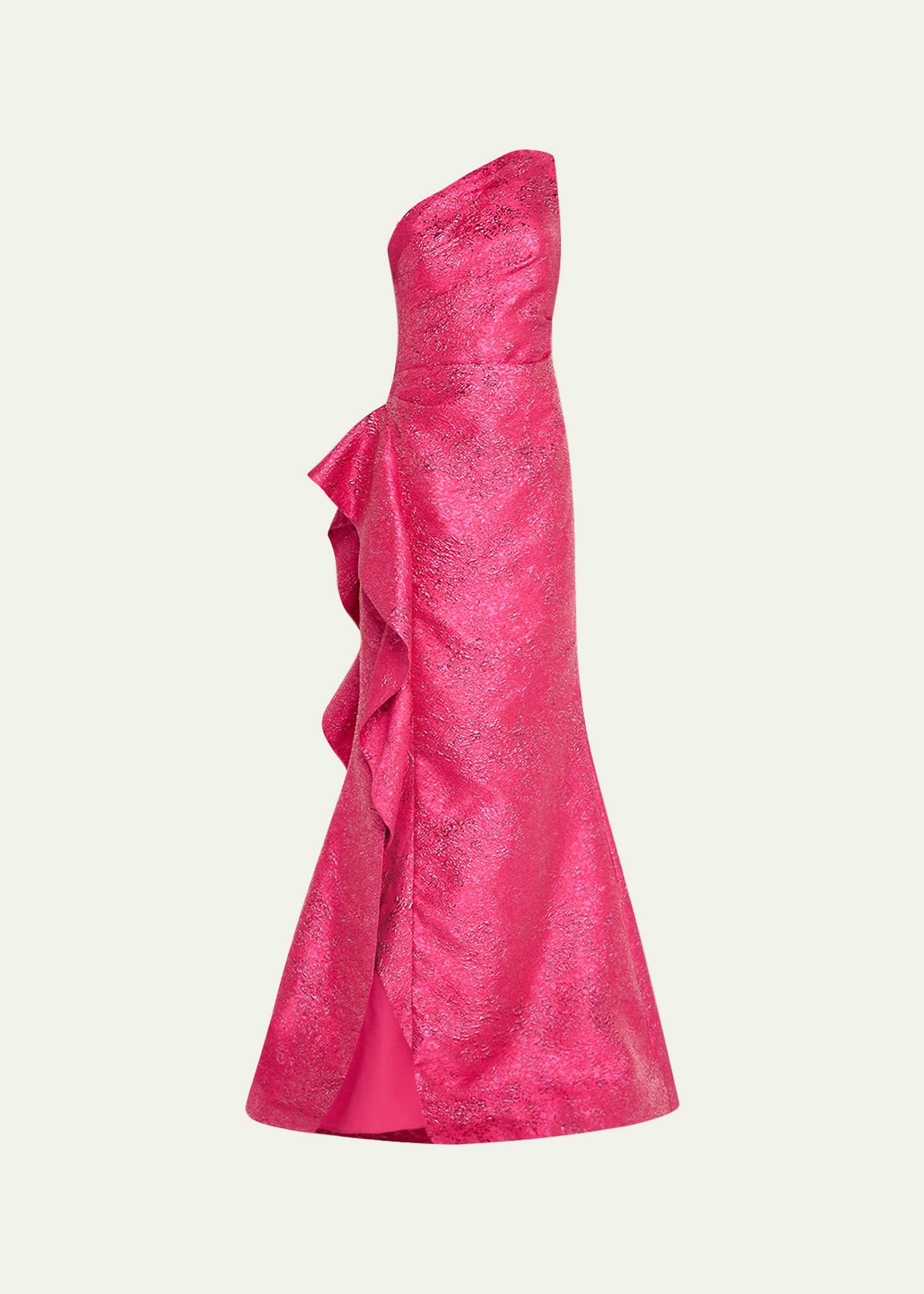 one-shoulder metallic jacquard trumpet gown