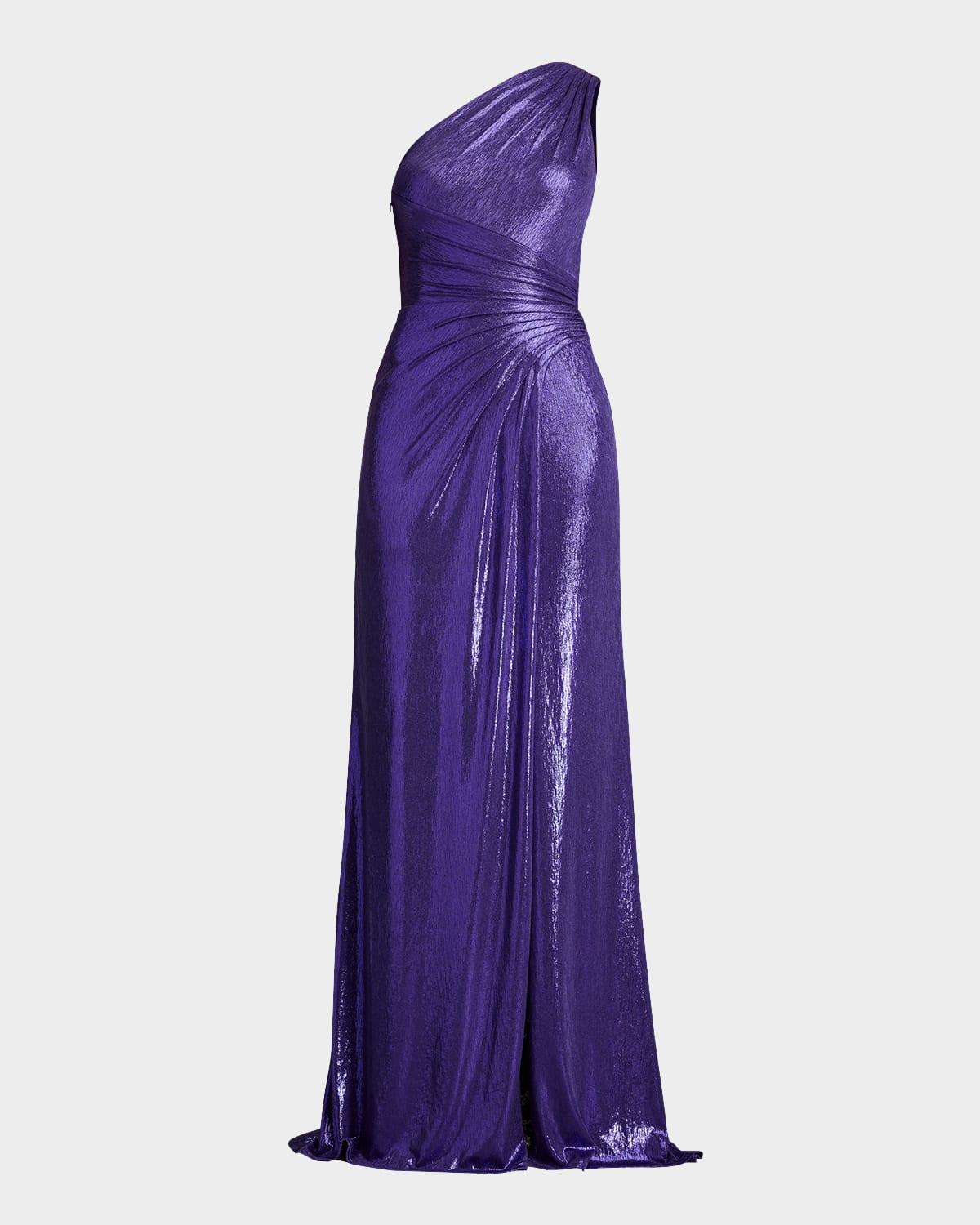 one-shoulder metallic jersey gown