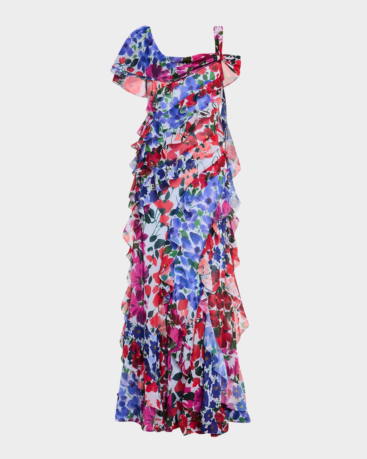 one-shoulder multi-floral ruffle gown