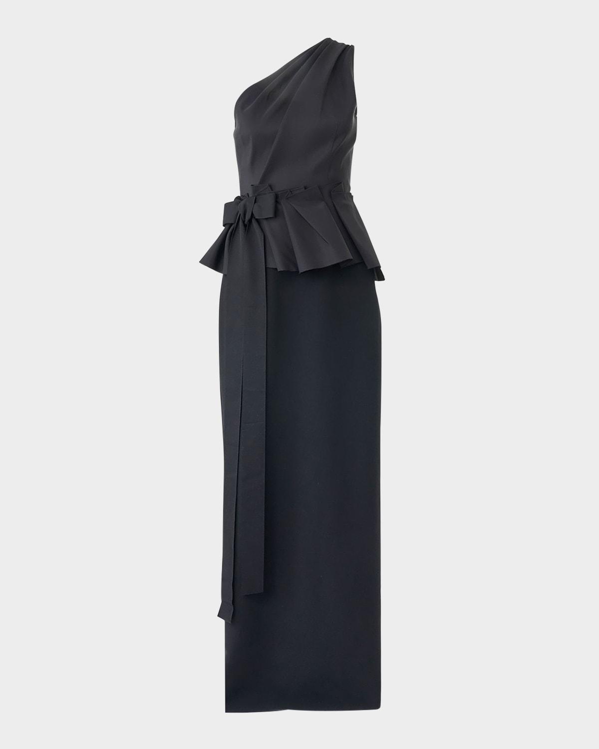 one-shoulder peplum column gown with bow