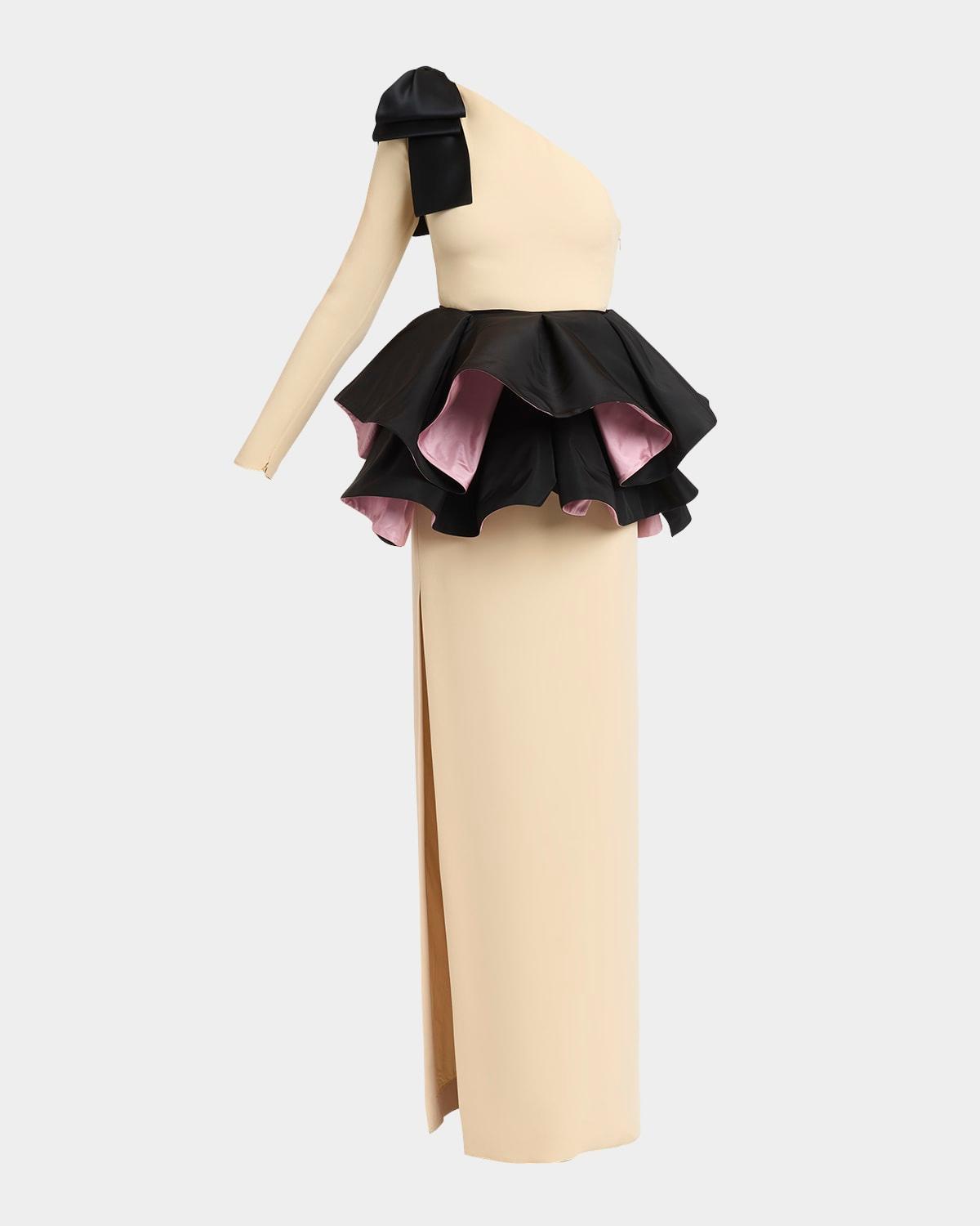 one-shoulder peplum column gown