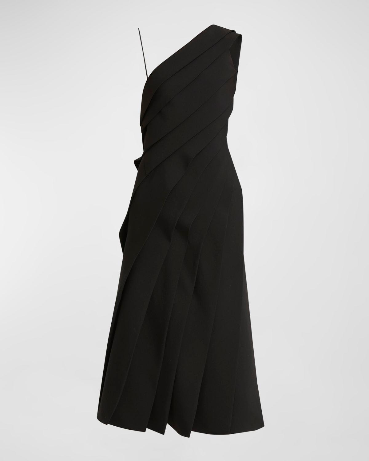 one-shoulder pleated backless midi dress