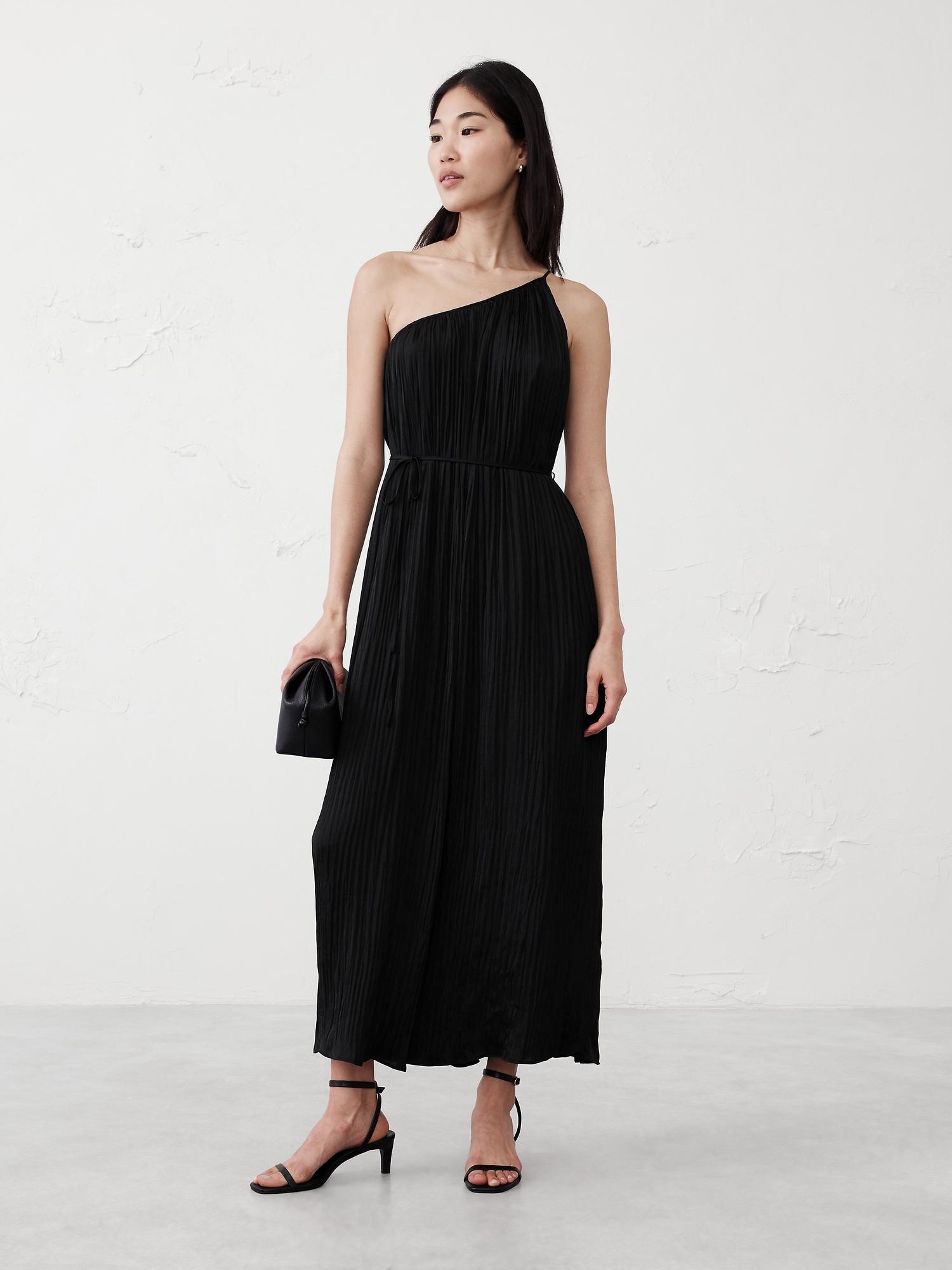 one-shoulder pleated maxi dress