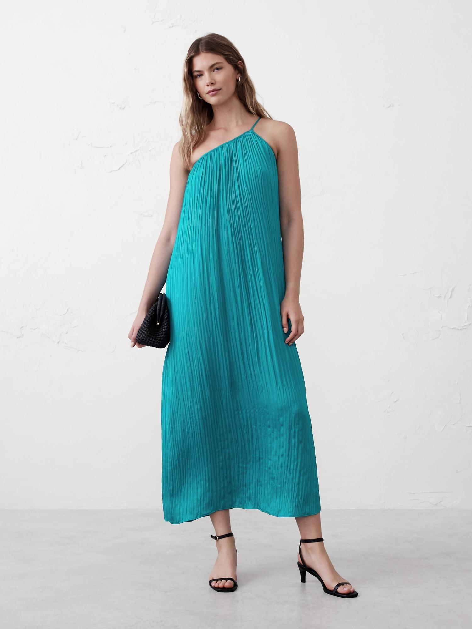 one-shoulder pleated maxi dress