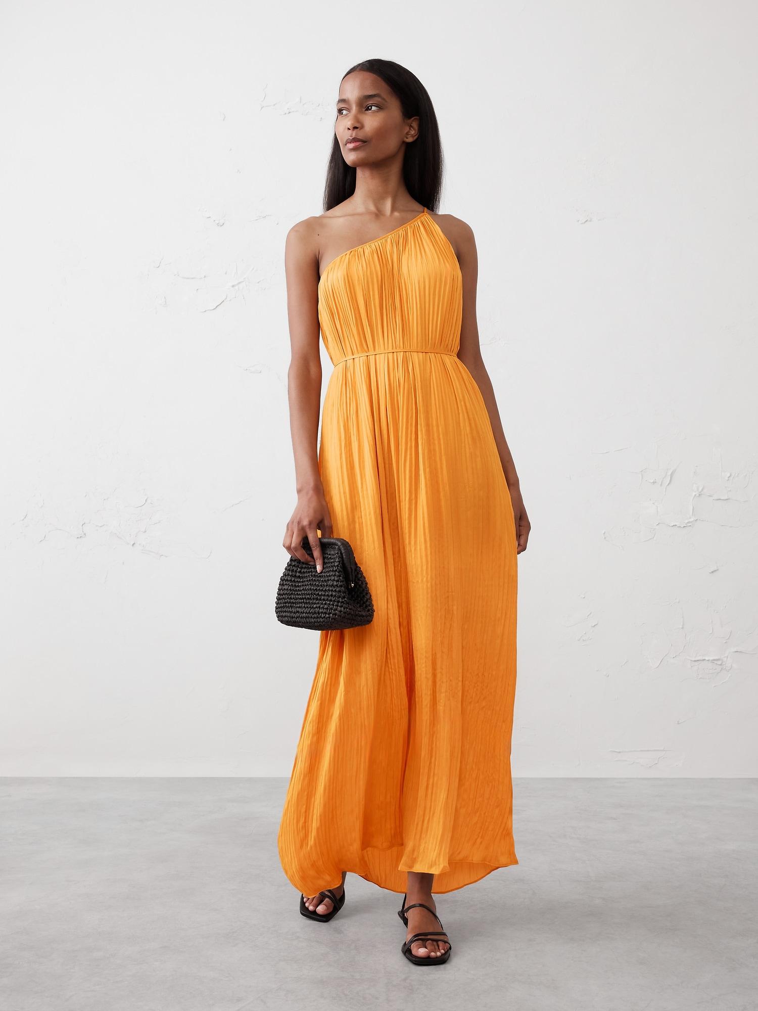 one-shoulder pleated maxi dress