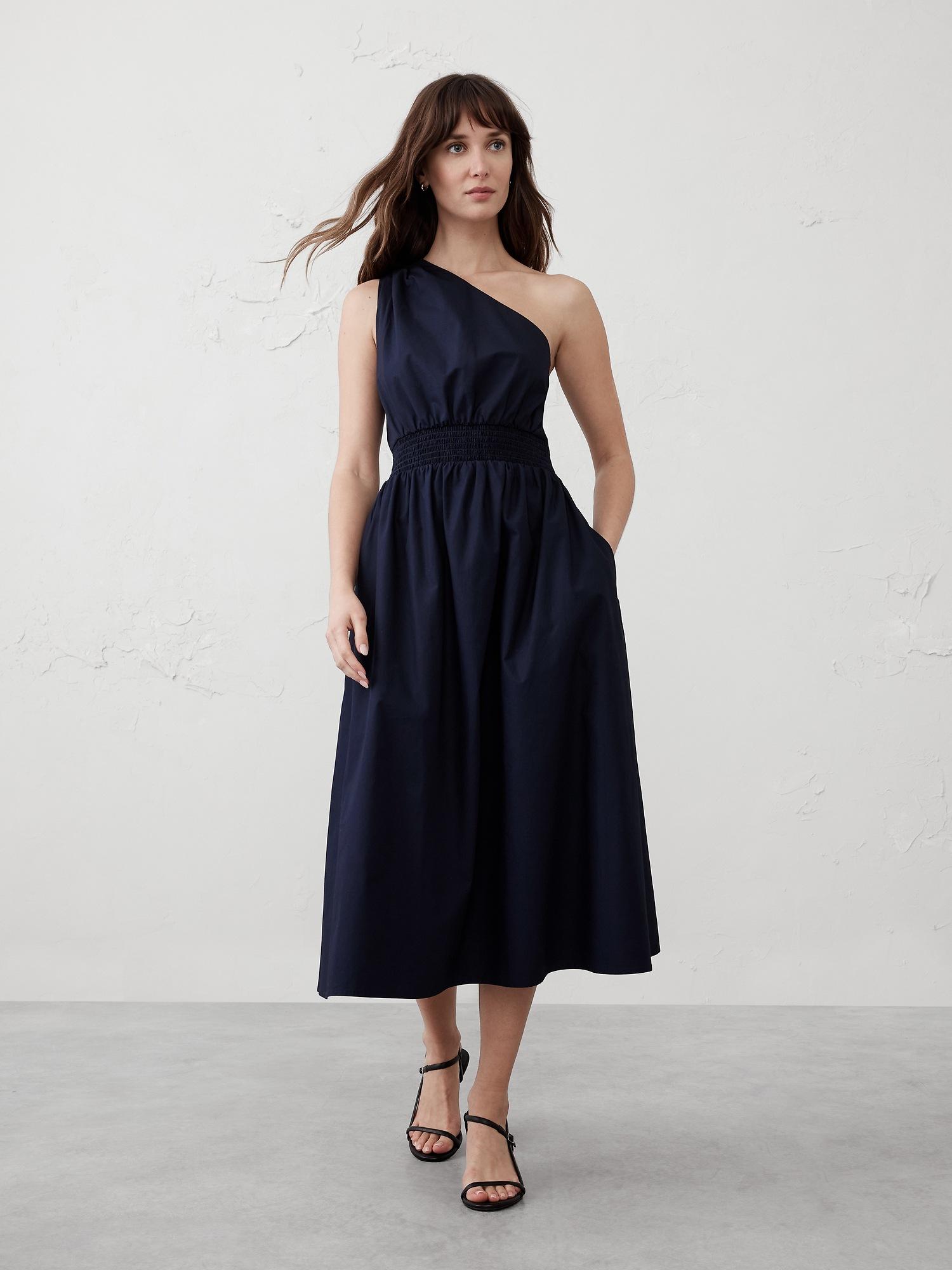 one-shoulder poplin midi dress