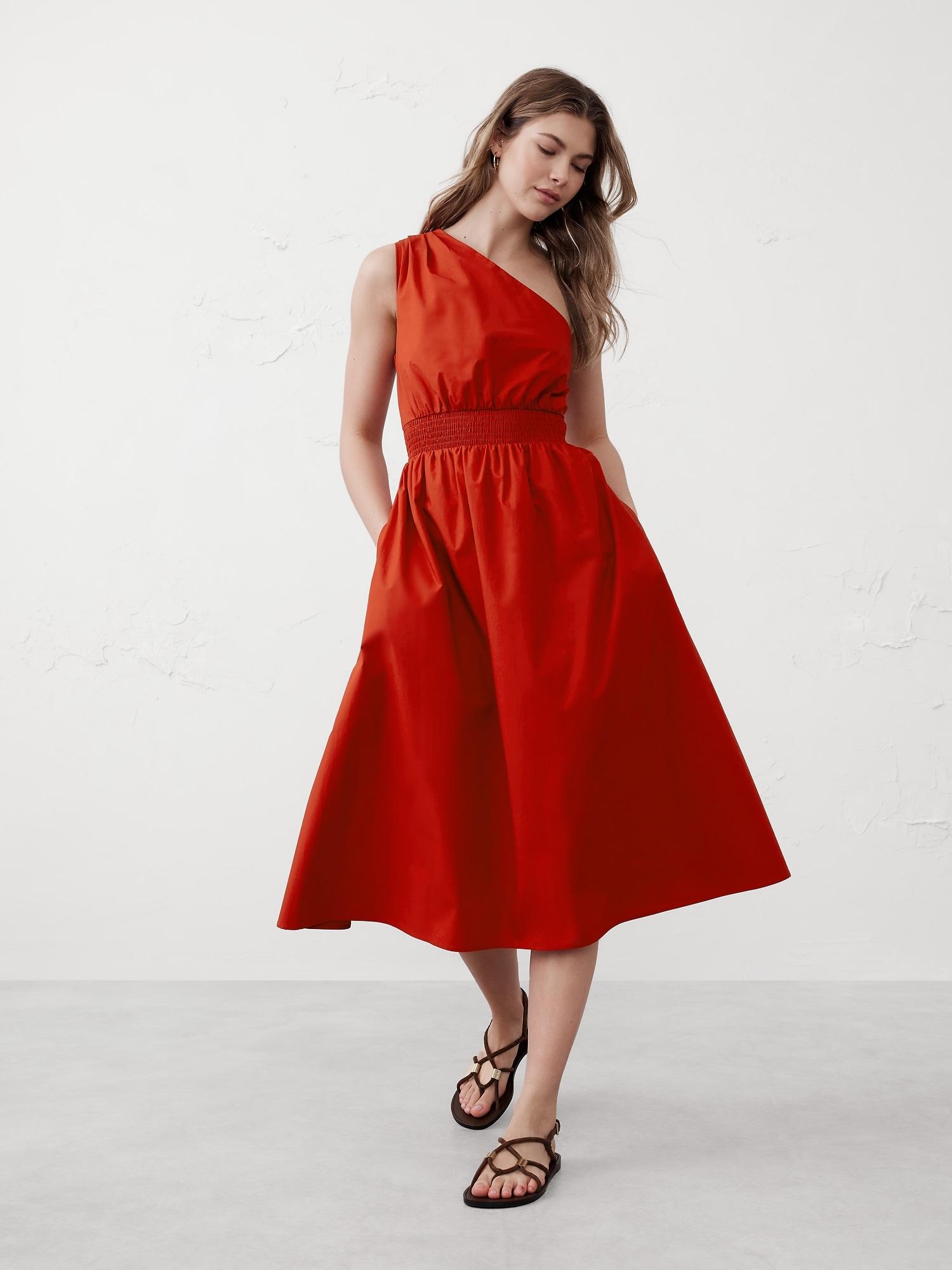 one-shoulder poplin midi dress