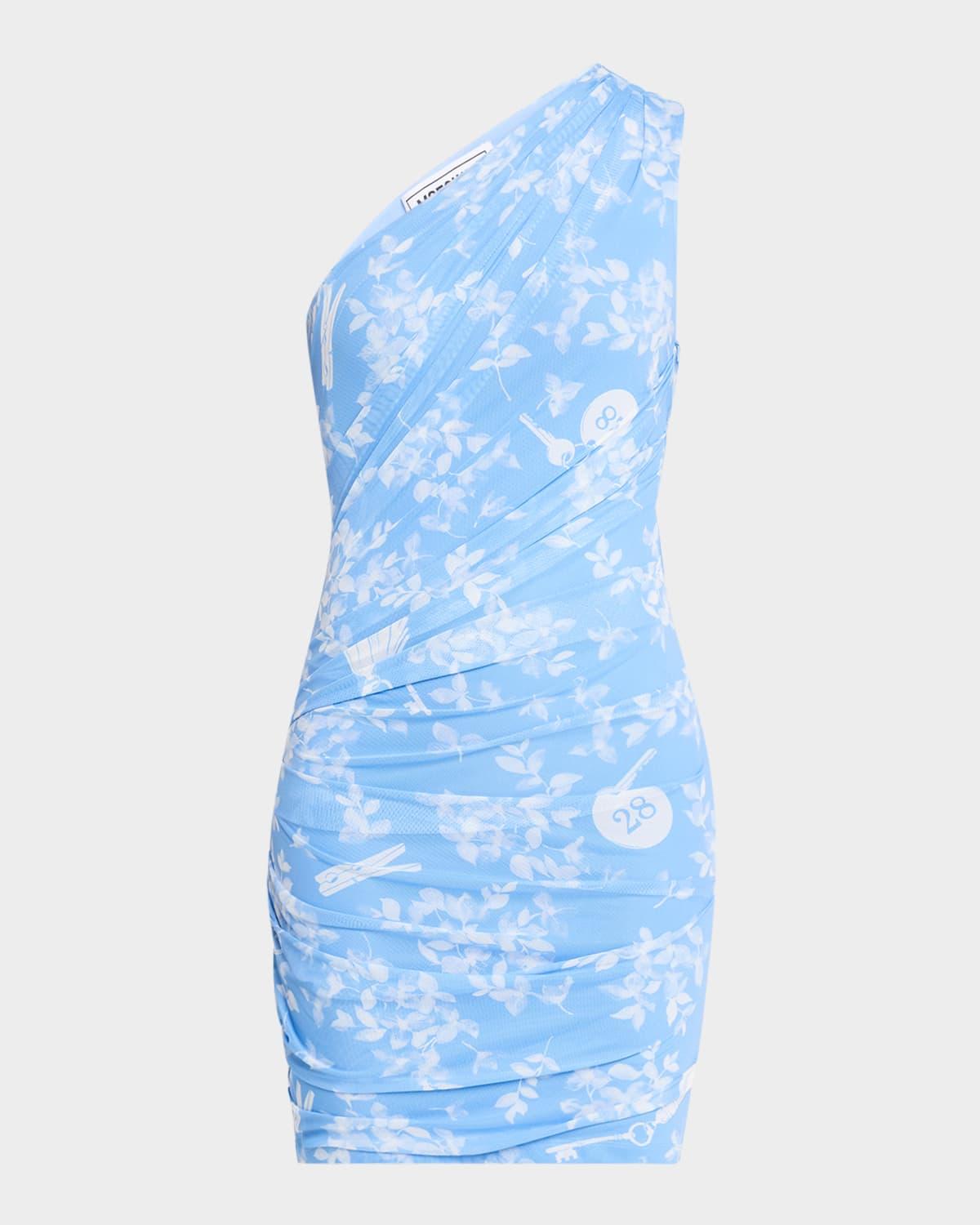 one-shoulder printed tulle mini dress