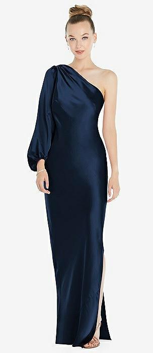 one-shoulder puff sleeve maxi bias dress with side slit