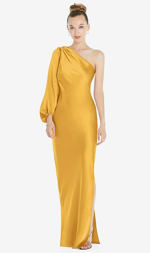 one-shoulder puff sleeve maxi bias dress with side slit