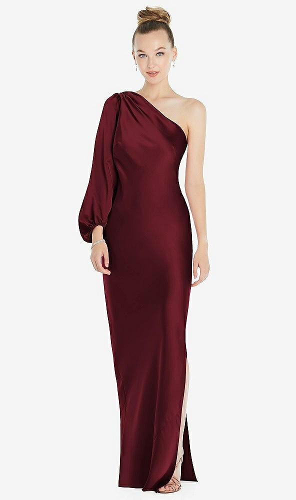 one-shoulder puff sleeve maxi bias dress with side slit