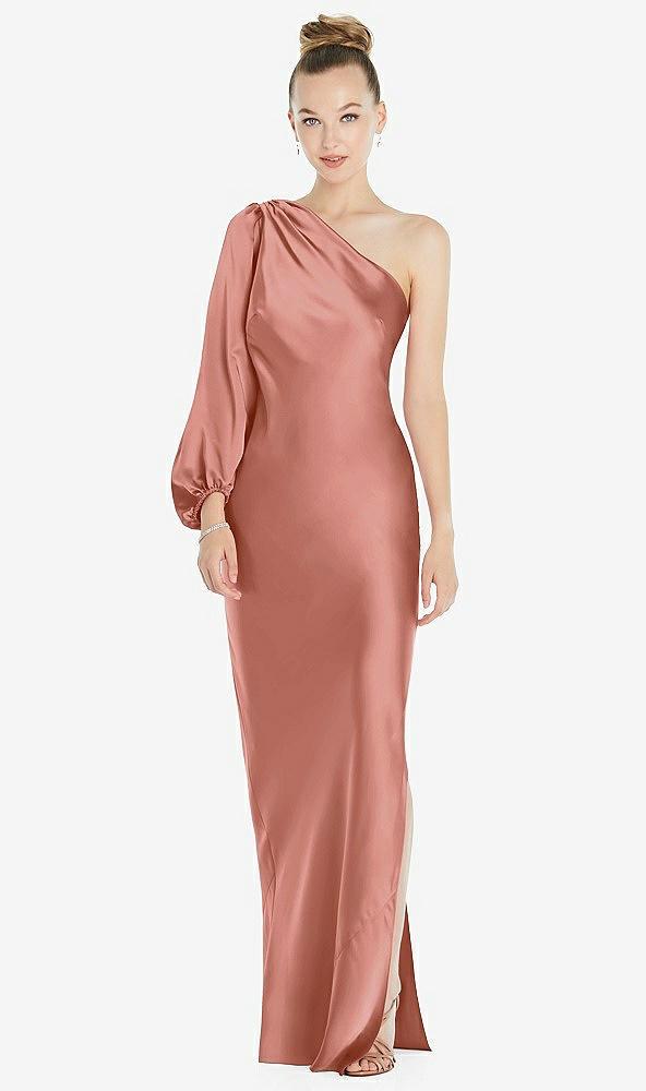 one-shoulder puff sleeve maxi bias dress with side slit