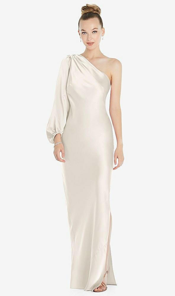 one-shoulder puff sleeve maxi bias dress with side slit