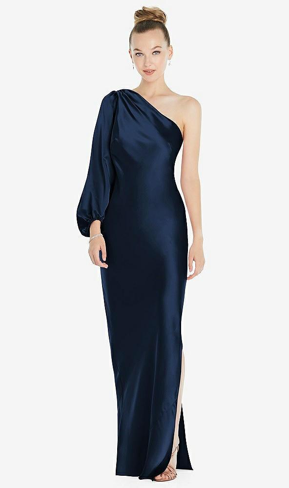 one-shoulder puff sleeve maxi bias dress with side slit