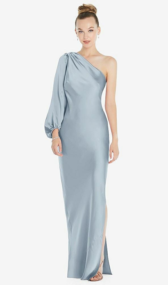 one-shoulder puff sleeve maxi bias dress with side slit