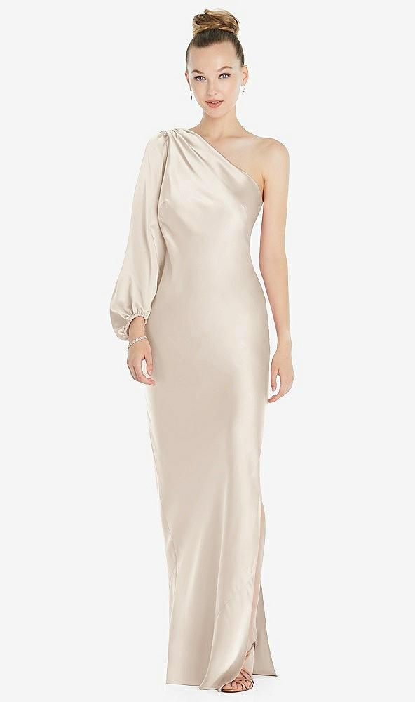 one-shoulder puff sleeve maxi bias dress with side slit