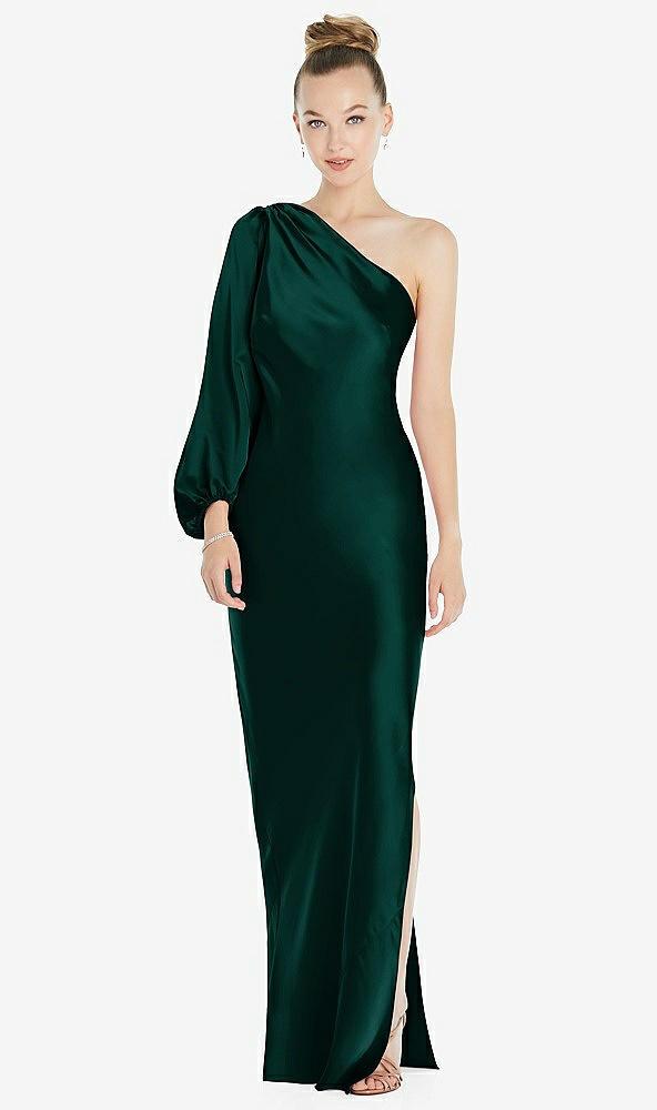one-shoulder puff sleeve maxi bias dress with side slit