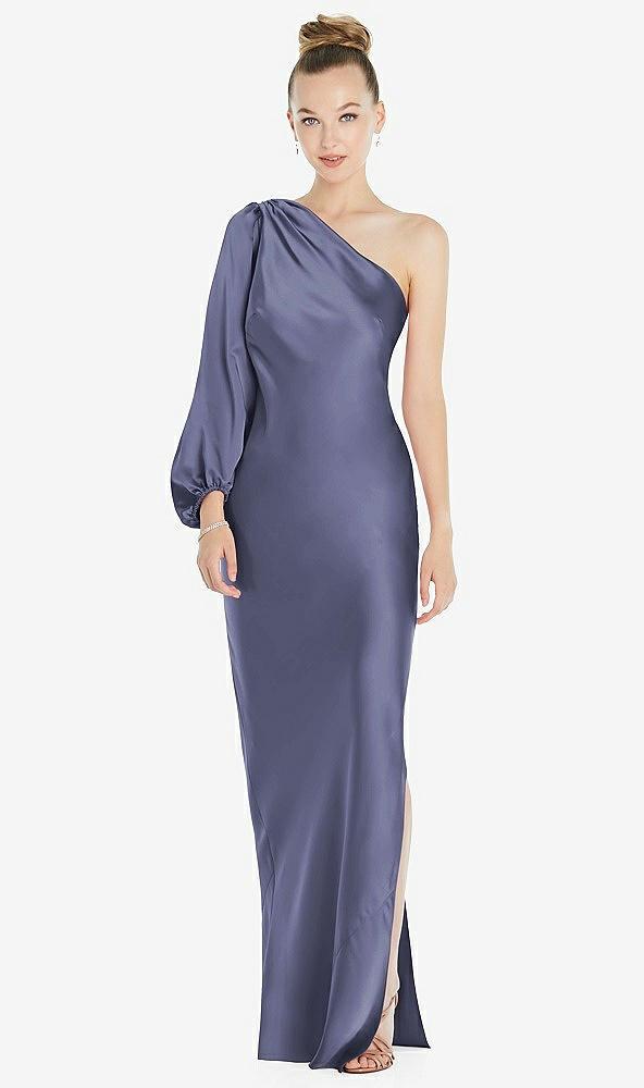 one-shoulder puff sleeve maxi bias dress with side slit