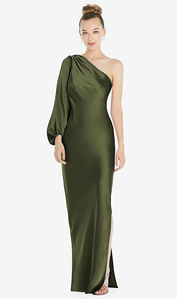 one-shoulder puff sleeve maxi bias dress with side slit