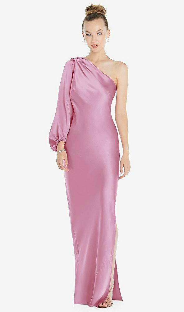 one-shoulder puff sleeve maxi bias dress with side slit