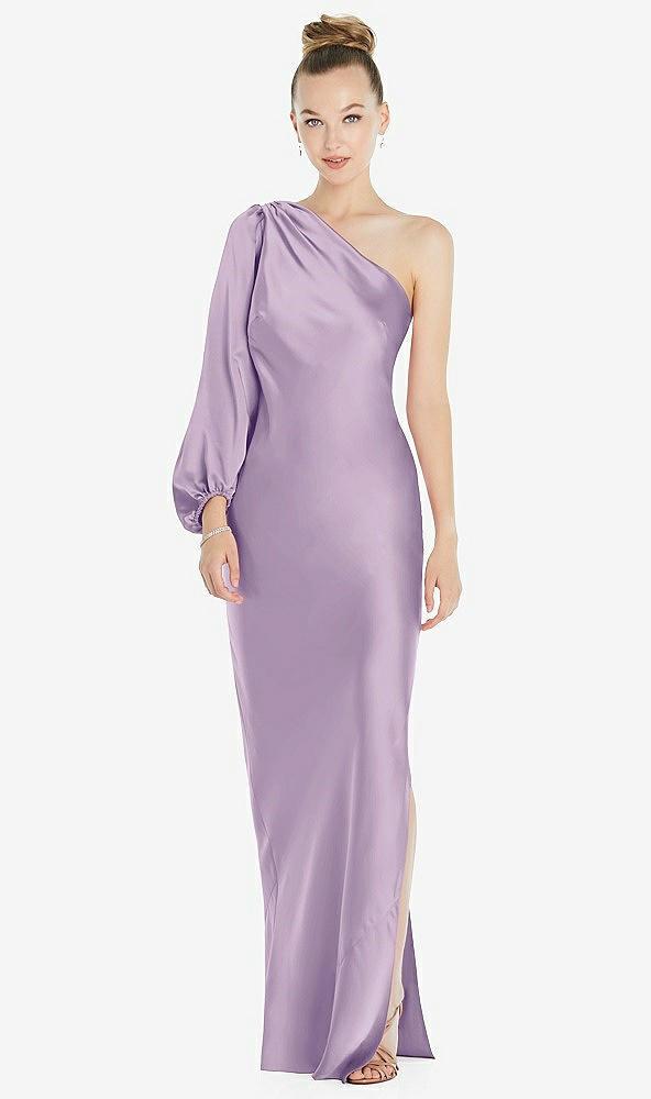 one-shoulder puff sleeve maxi bias dress with side slit