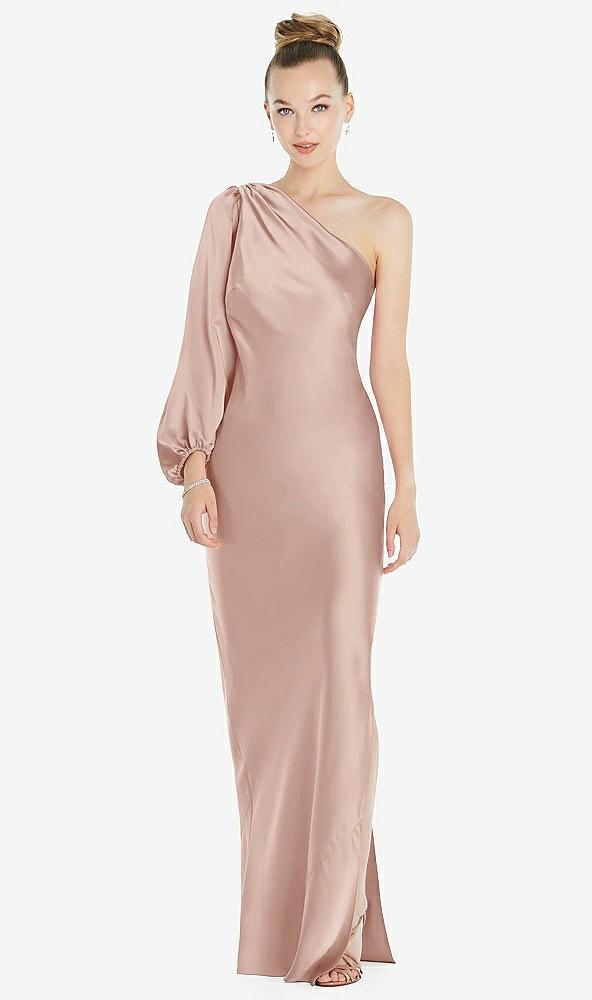one-shoulder puff sleeve maxi bias dress with side slit
