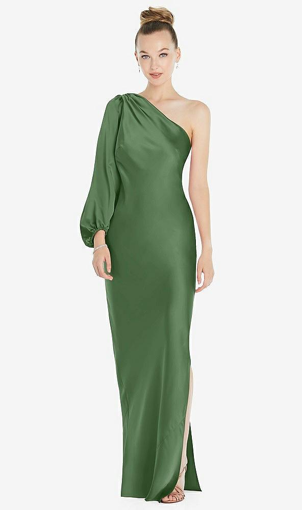 one-shoulder puff sleeve maxi bias dress with side slit
