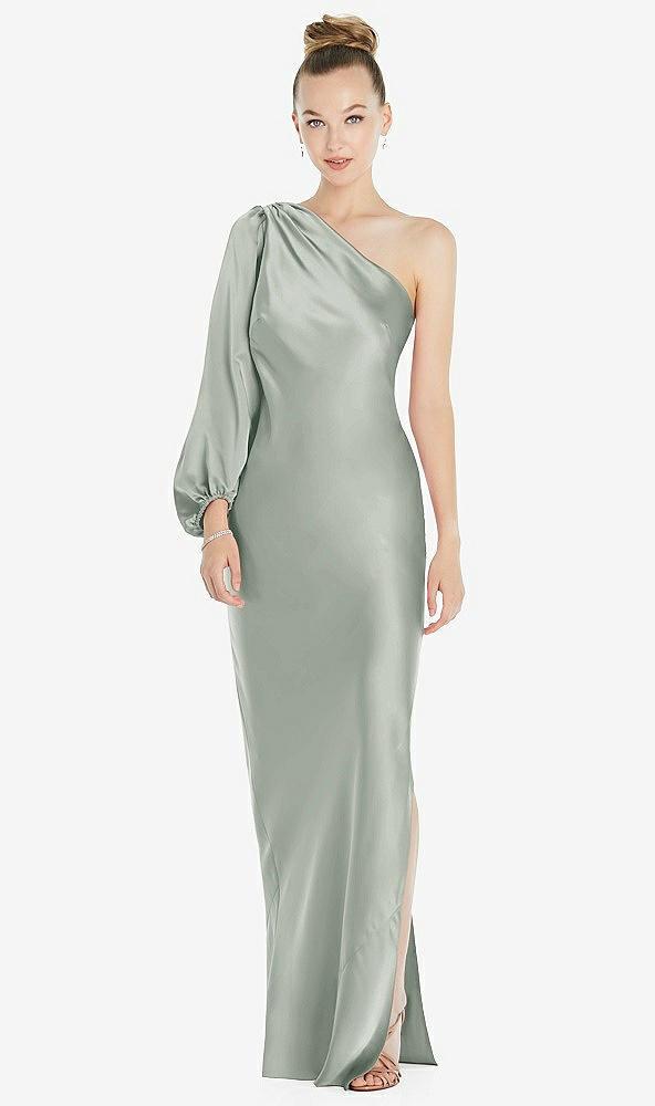 one-shoulder puff sleeve maxi bias dress with side slit