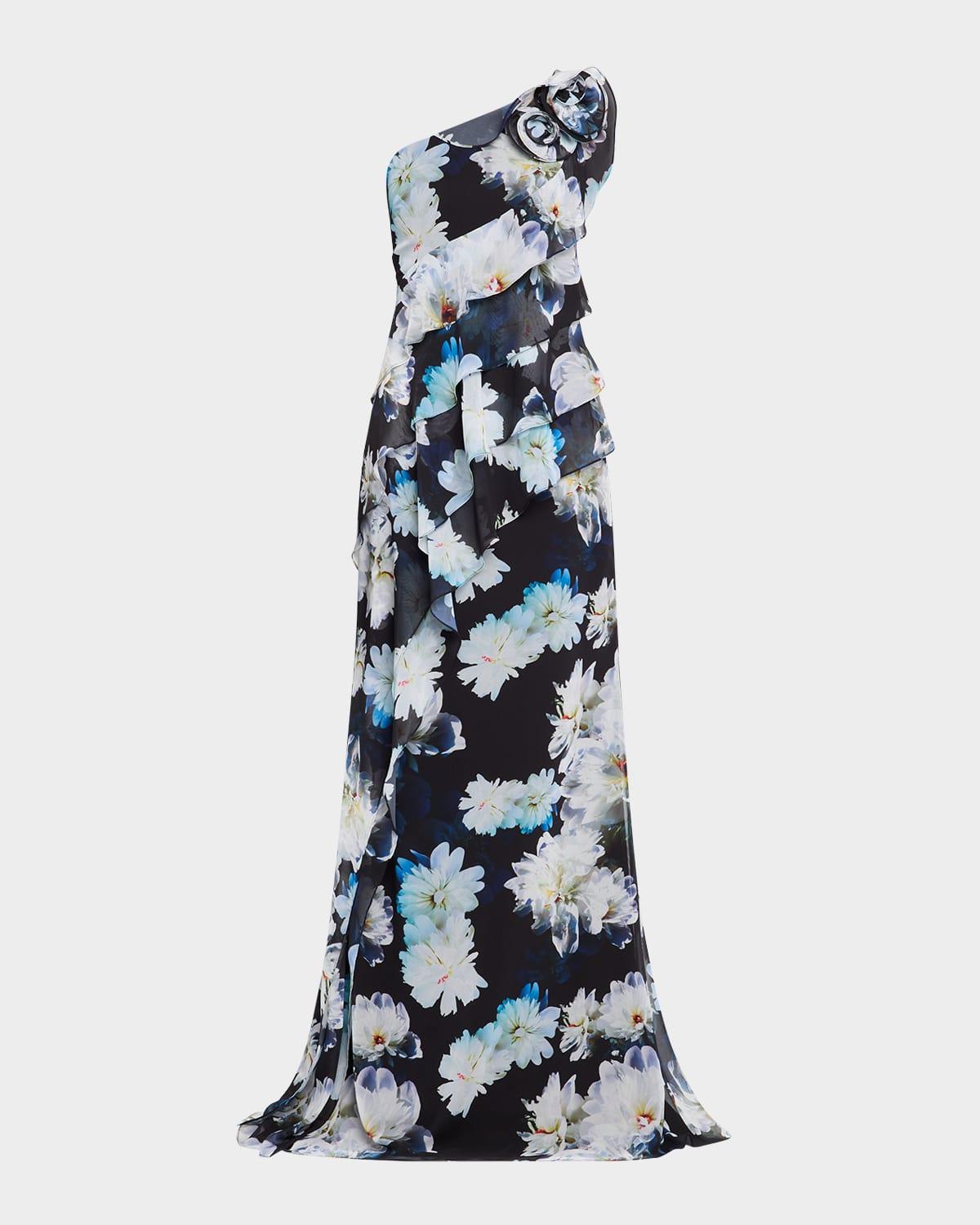one-shoulder ruffle chiffon gown