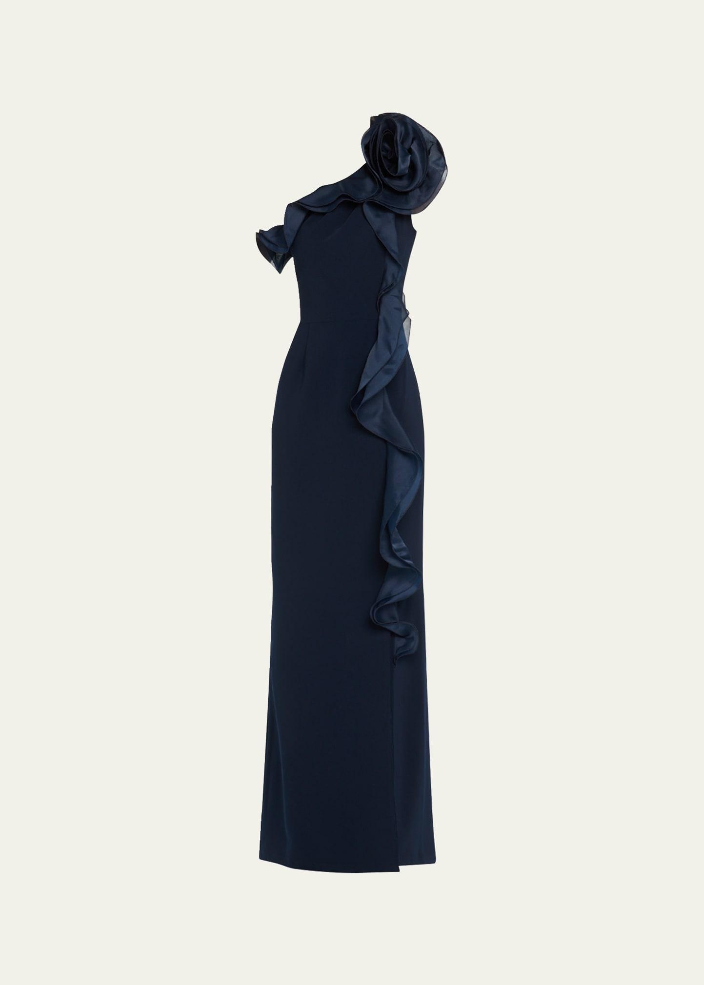 one-shoulder ruffle column gown