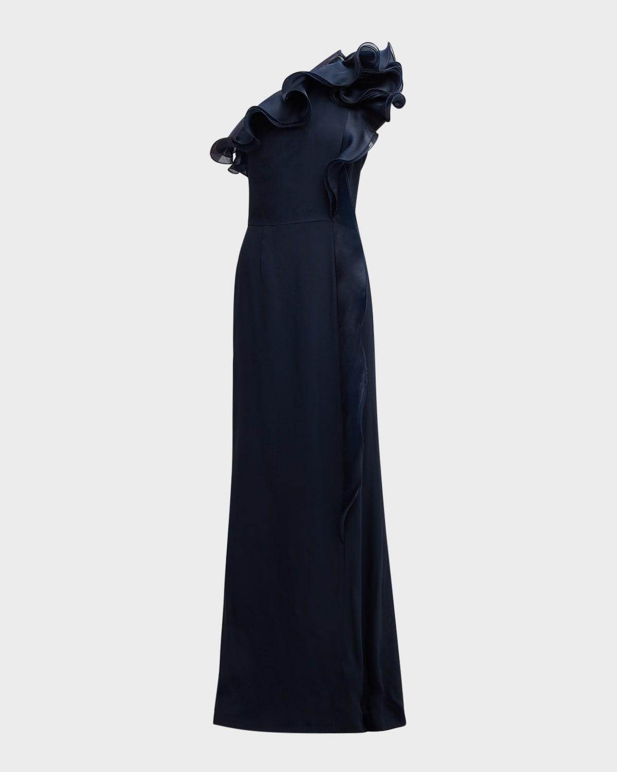 one-shoulder ruffle column gown