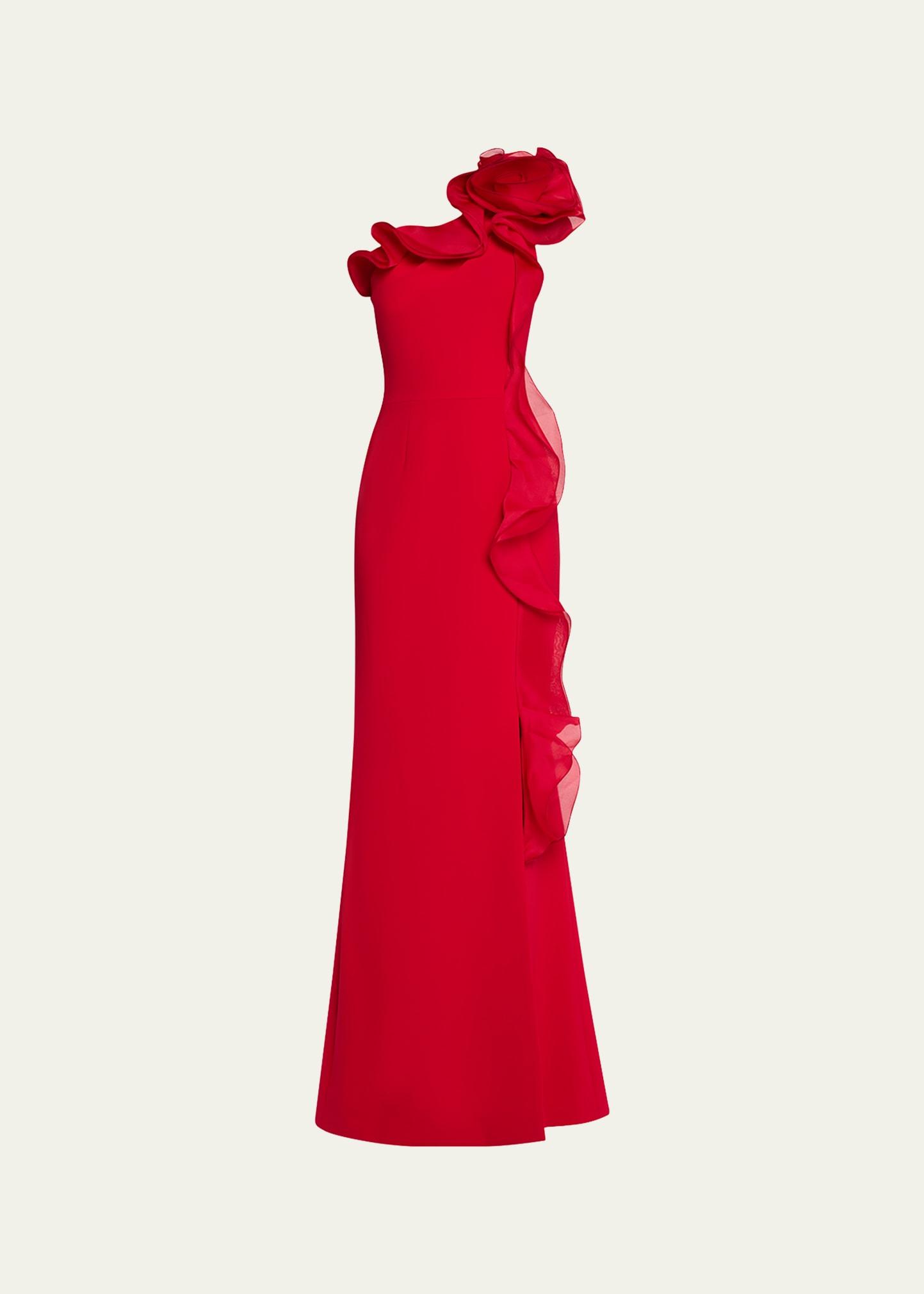 one-shoulder ruffle crepe gown