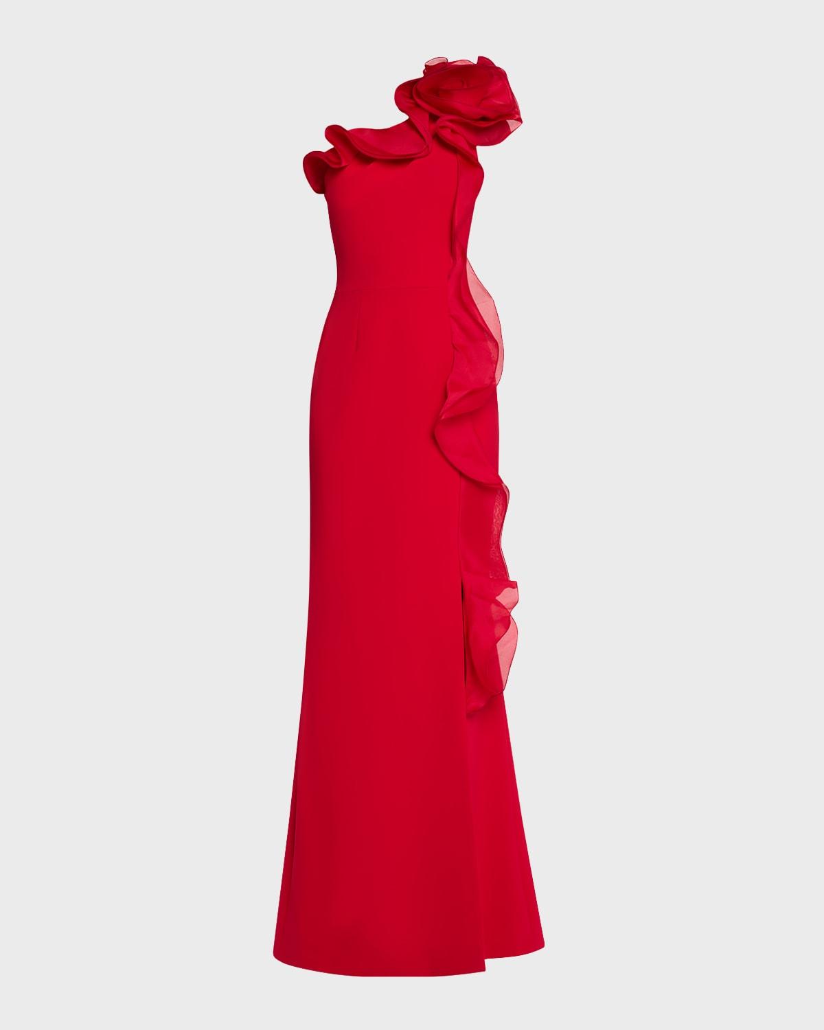 one-shoulder ruffle crepe gown