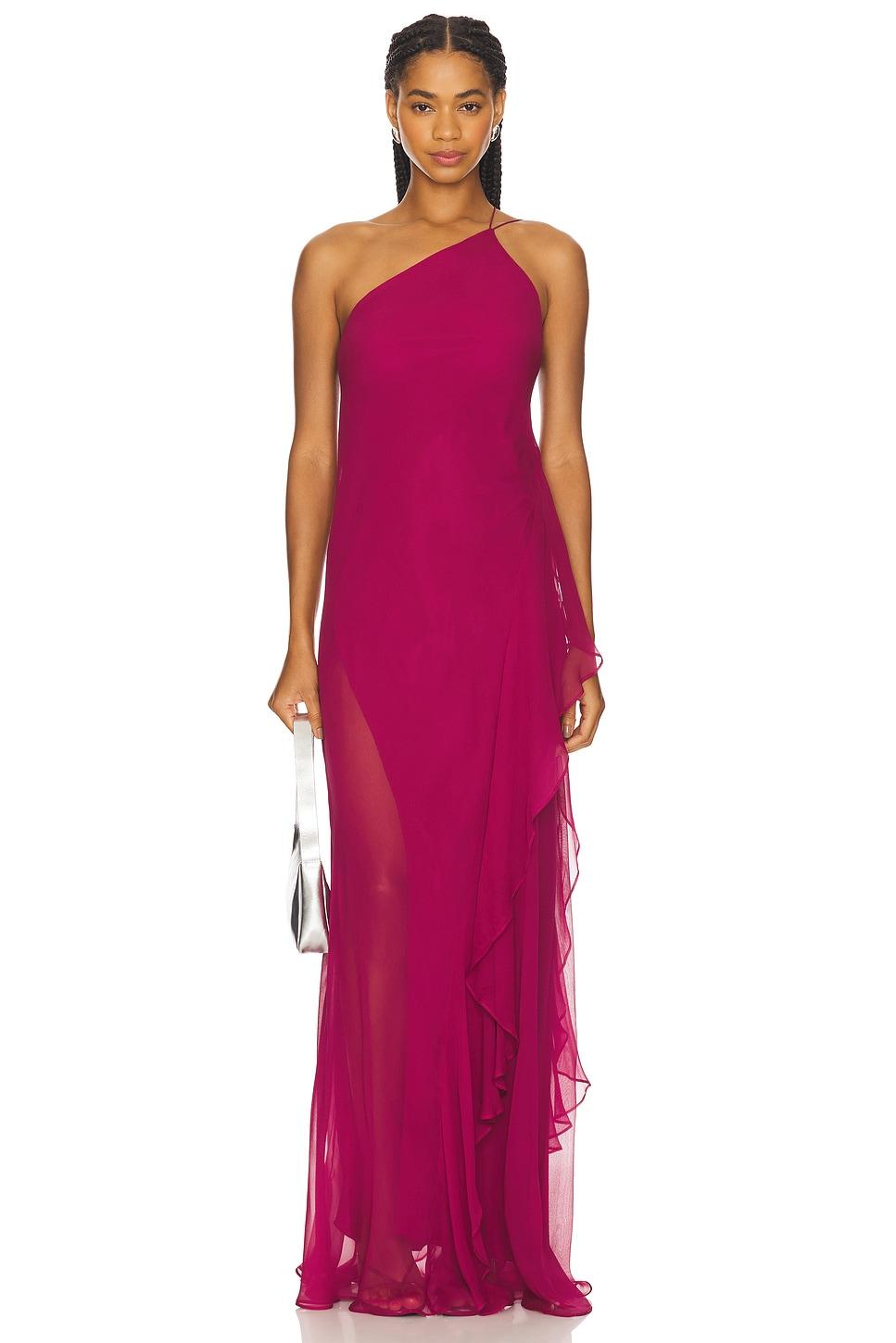 one shoulder ruffle gown