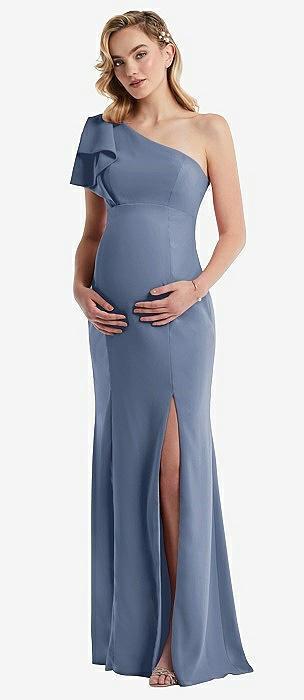 one-shoulder ruffle sleeve maternity trumpet gown